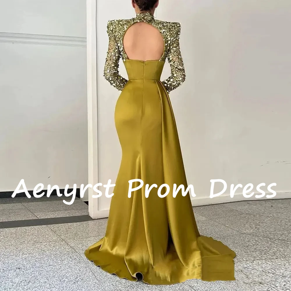 Aenyrst Shiny Sequined Long Sleeves Evening Dresses Mermaid Side Split High Collar Prom Gowns Floor Length Women Celebrate Dress