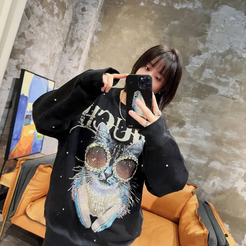 New Fashion Cartoon Cat Rhinestone Round Neck Women\'s Pullover Hoodie Beads Diamond-Embedded Cool Handsome Loose Top Sweatshirt