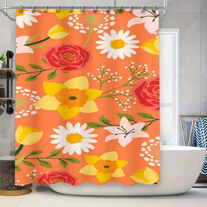 Colorful Floral Shower Curtain Rustic Garden Decor Bath Mat Waterproof Fabric for Bathroom Yellow Red Orange Pink White Flower D