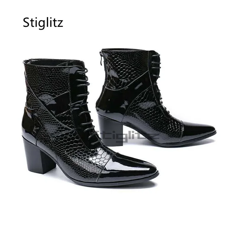 Black Snake Pattern Patent Leather Men's Boots Business Casual Genuine Leather Boots Back Zip Patchwork Ankle Business Shoes