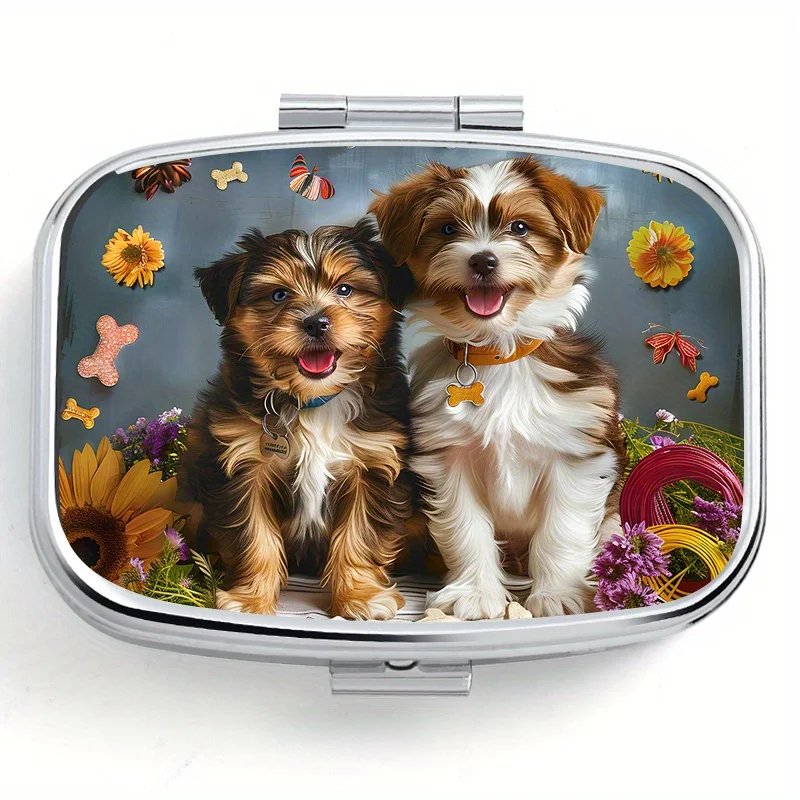 Cute Puppy Design, Portable Travel Medicine Box, Mini Size, Double Compartment for Vitamin Storage, Moisture-proof Seal