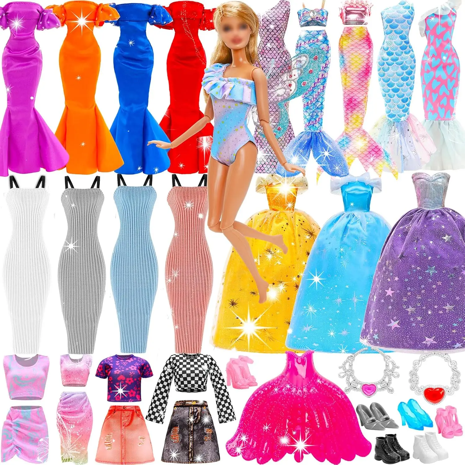 Barwa 17 Pcs Doll Clothes Accessories Outfits 4 Dresses 1 Mermaid Swimsuit 1 Butterfly Swimsuit 2 Outfits 9 Accessories