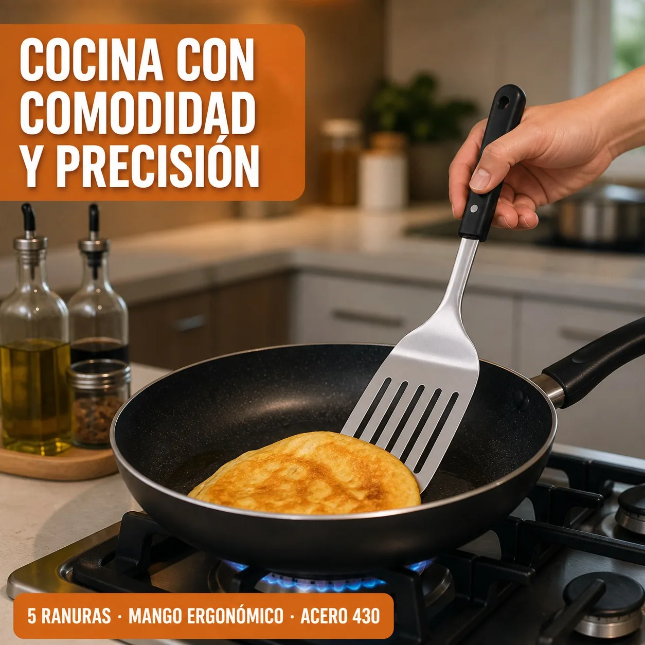 Fotografia 8: Espátula de Cozinha Profissional em Aço Inoxidável 430 com Cabo Ergonômico de PP, Espátula Plana com 5 Ranhuras para Drenar Gordura, Utensílio para Churrasco, Chapa e Frigideira, 34,5x8cm