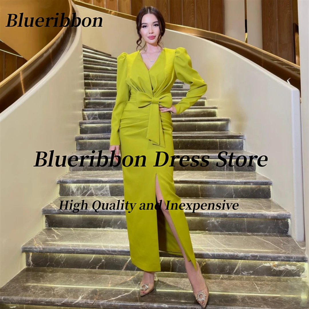 

Blueribbon Evening Dresses Dubai Ladies Wear V Neck Bow Sash Prom Dress Ruched Side Slit Long Sleeves Wedding Party Gowns