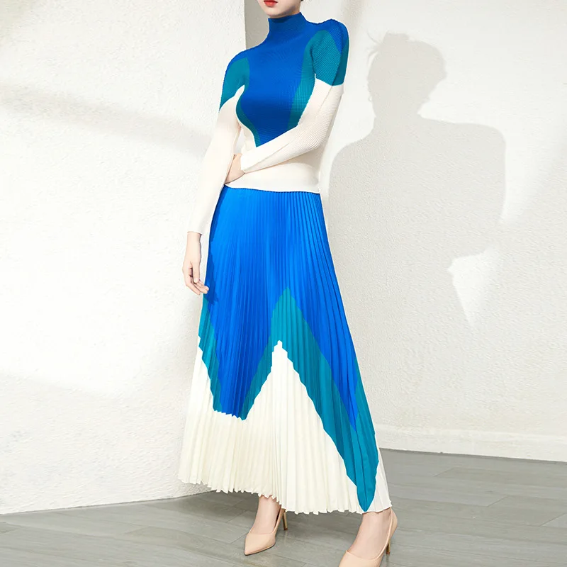 

Women's Faion Semi-High Waist Pleated Skirt Set Long Sve Zipper Closure Two-Piece Outfit Color Blo Design Summer Wear