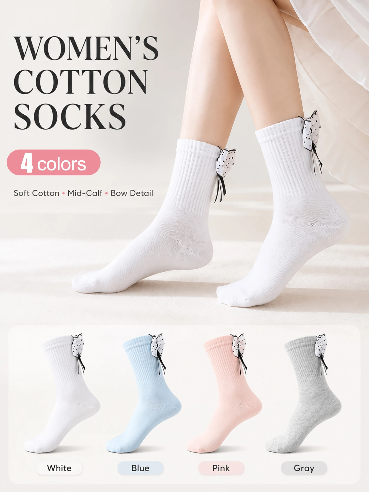 4 colors Women Girl Polka Dot Bow Mid Calf Socks Soft Cotton Ribbed Knit Sweet Cute JK Socks Breathable Summer Anti-slip socks