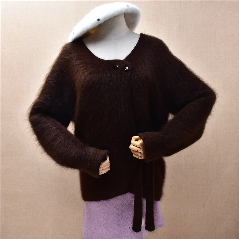 

Женский осенне-зимний волосатый ангорский кролик, вязаный свитер с длинными рукавами, короткий стиль, свободные завязанные кардиганы, свитер, куртка
