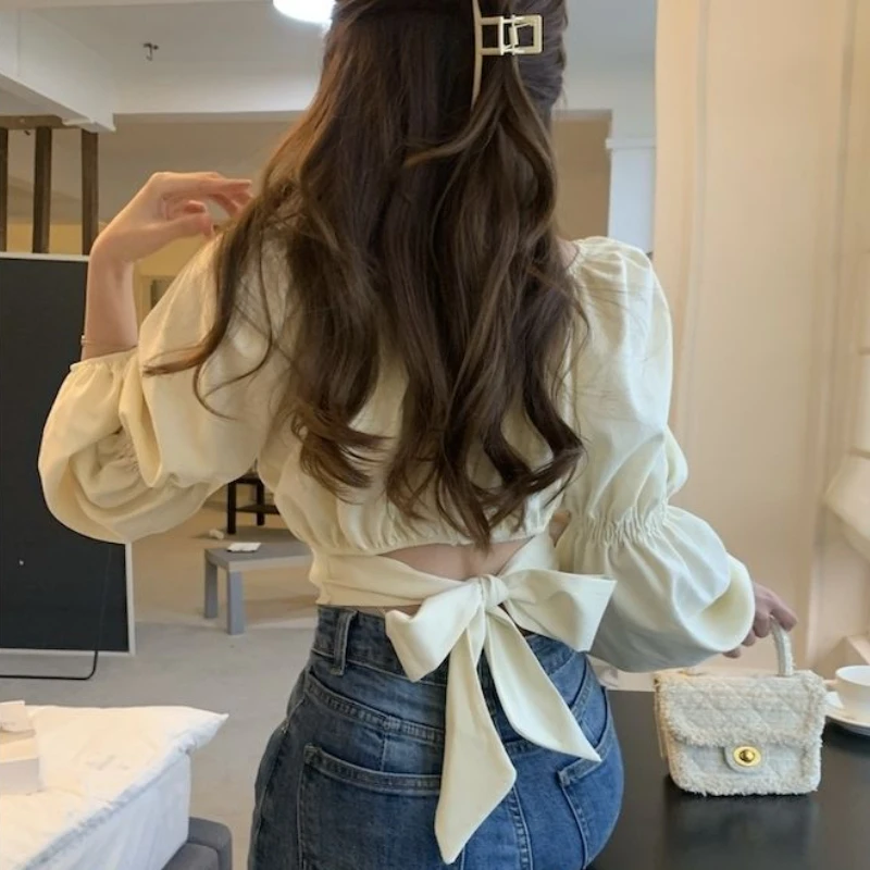 Puff Sleeve Blouses Women Solid Bandage Ulzzang Square Collar Crop Tops Simple Cozy Spring Sweet Casual All-match Students Chic