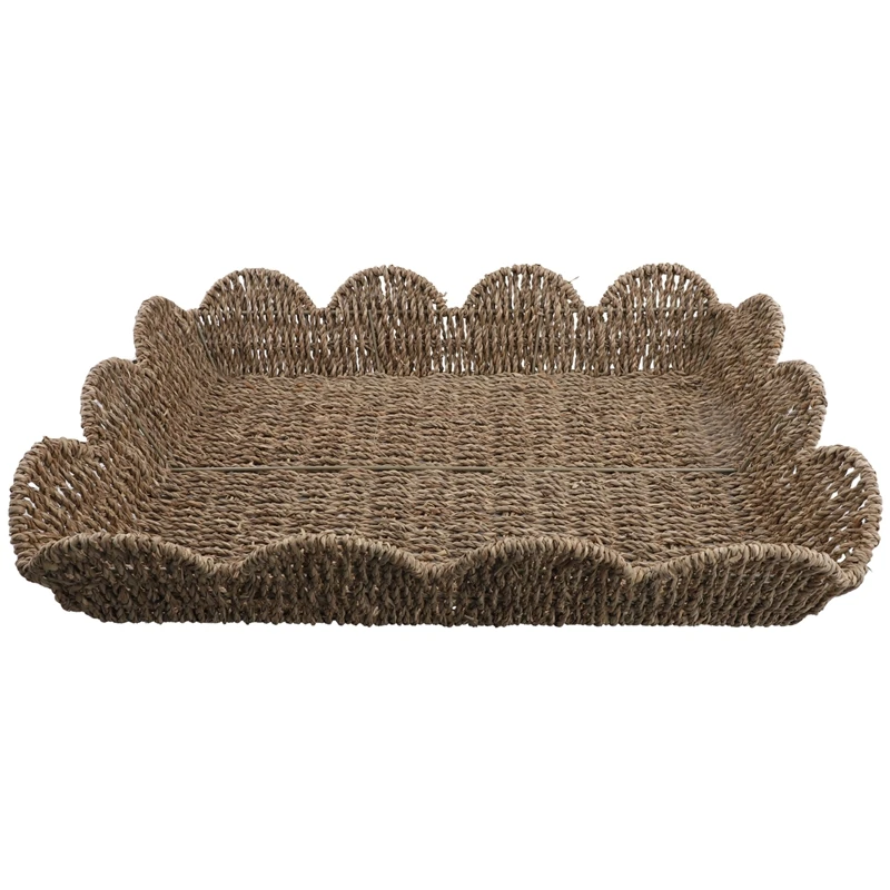 صينية حافة كبيرة على شكل مروحة من الخوص، صينية مستطيلة، صينية منسوجة يدويًا على شكل مروحة، صينية خوص مزخرفة