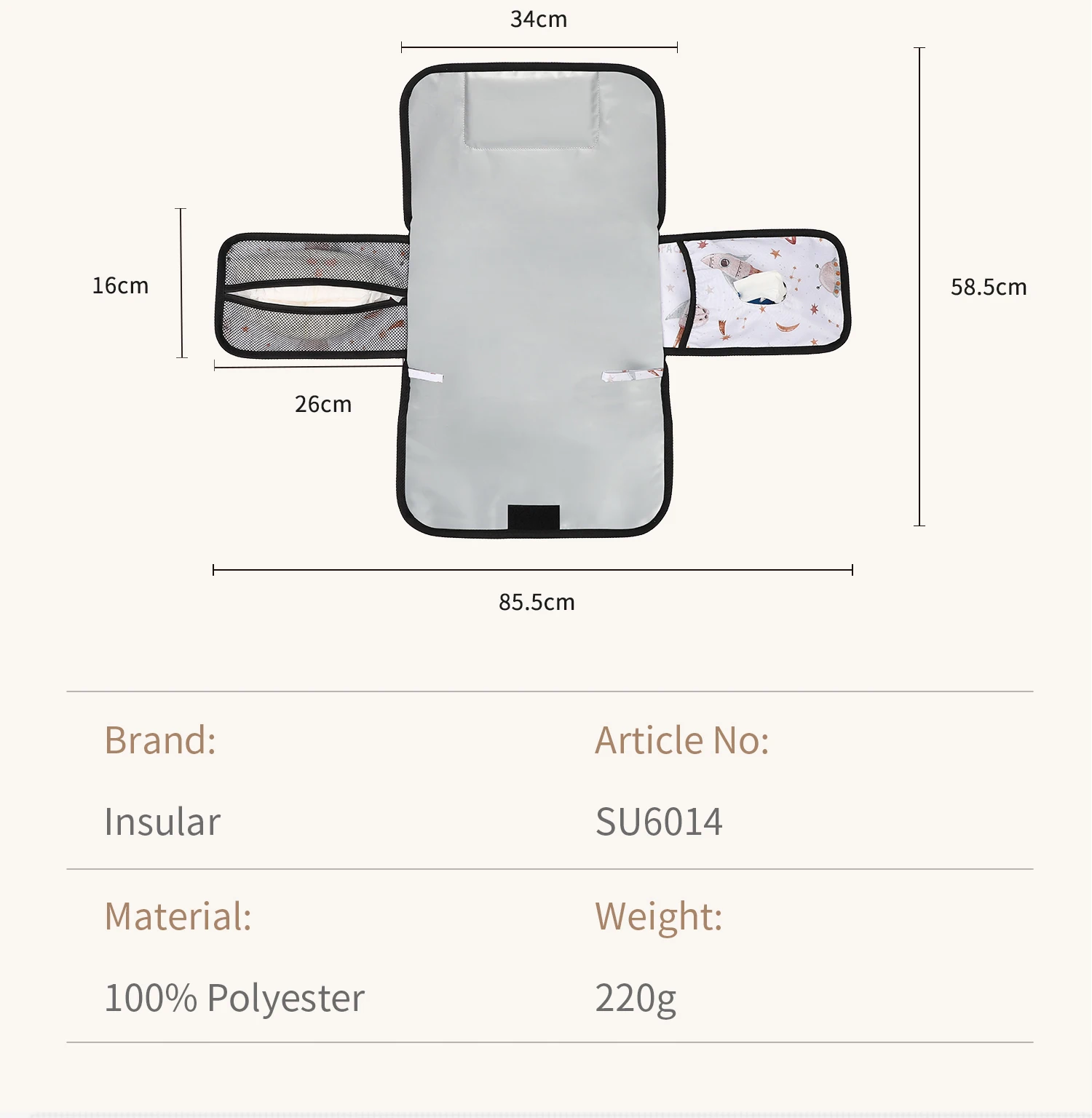 Colchão insular de 3 camadas, à prova d'água, almofada para troca de fraldas, dobrável, lavável, pacote de armazenamento multifuncional conveniente