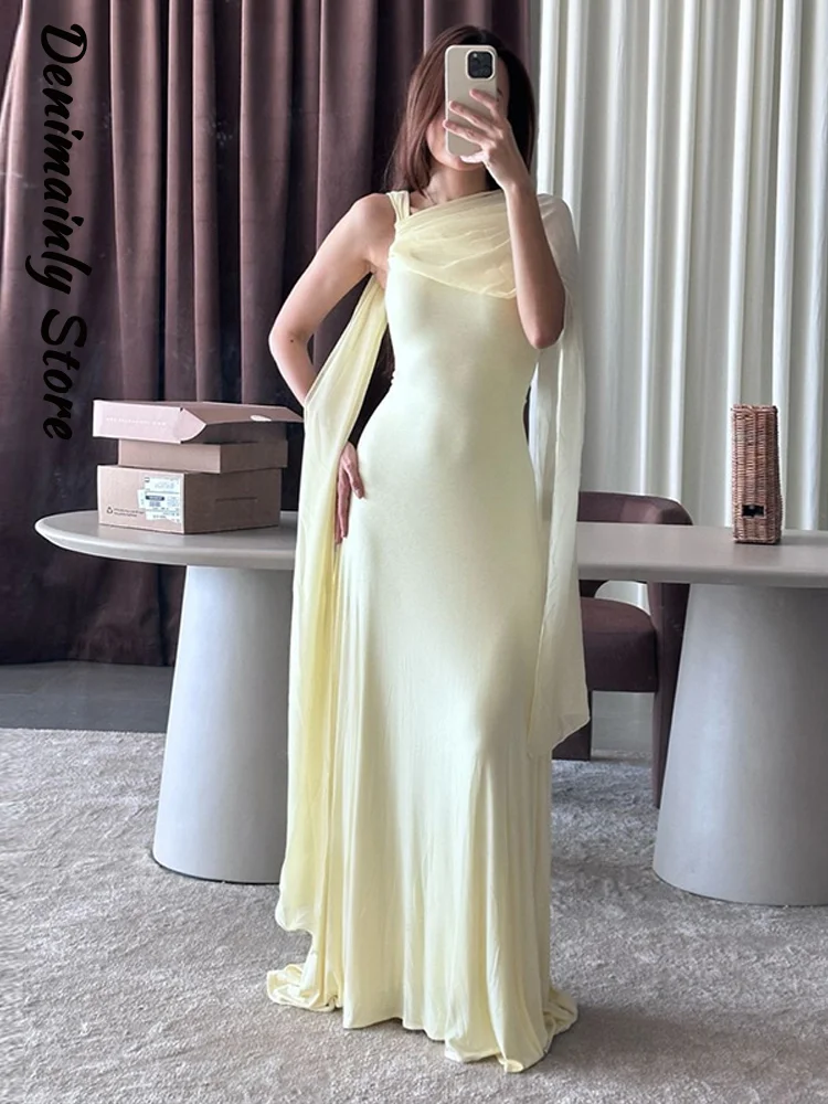 Luz amarela sem mangas maxi vestido feminino 2026 pescoço quadrado malha recorte um ombro cachecol formal festa de noite elegante baile de formatura robe