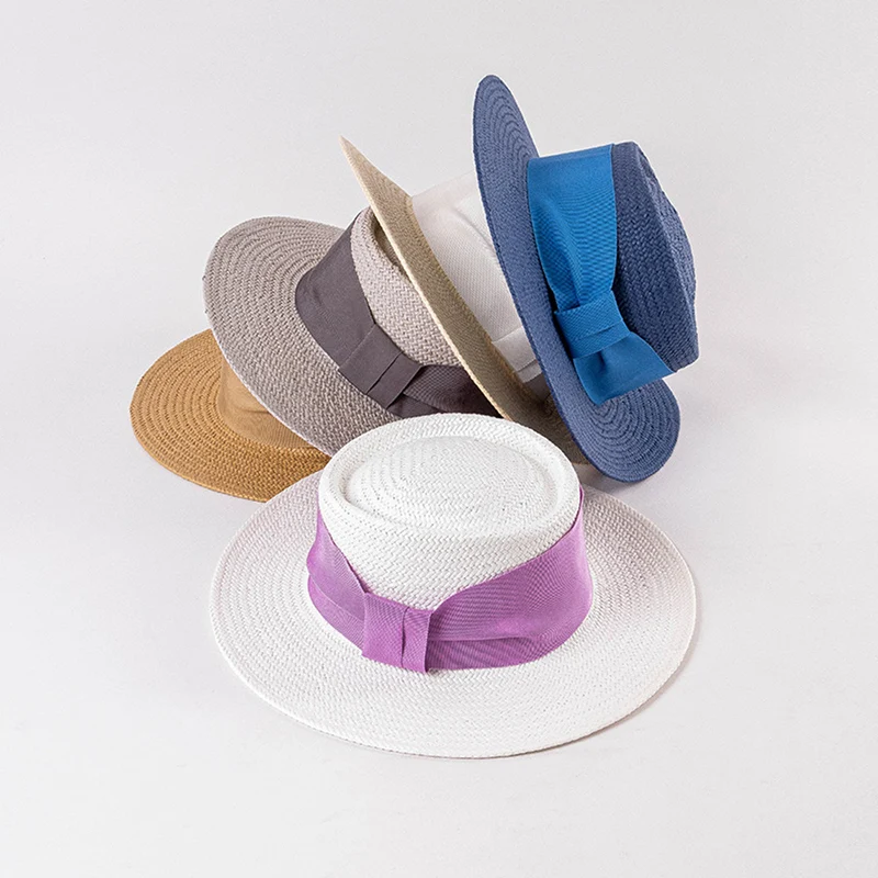 New Summer Fashion Wide Brim Ring Concave Top Paper Straw Hat Women's Colorful Ribbon Decorated Beach Sun Hat Causal Fedoras