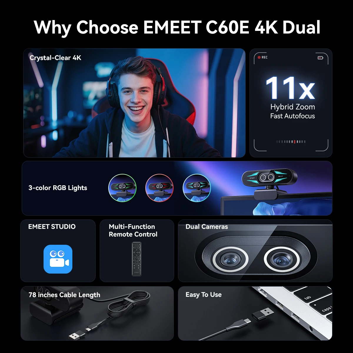 4K Webcam 1080P 60fps Webkamera EMEET C60E 4K Binokulare USB-Kamera mit RGB-Licht für Streaming/Gamer-Videokamera für Computer – Detail 4