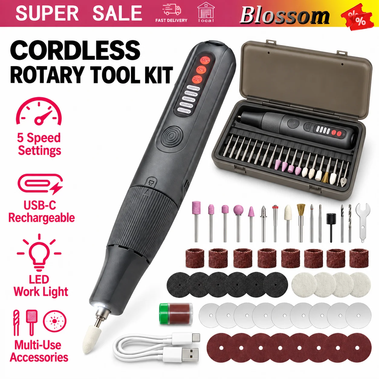 Mini Smerigliatrice Elettrica Senza Fili Utensile Rotante 5 Velocità 23000RPM 1100mAh Type-C Display LED Penna per DIY Modello Legno Giada Metallo Lucidatura Unghie con Accessori