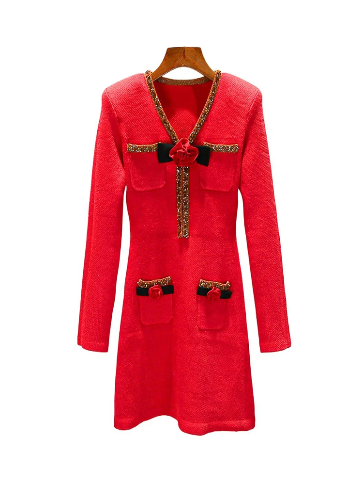 High-End Knitted V-Ne Red Dr with  Knot New Year Ele Lady Sle Polyester Fiber Midweight Long Sve ort...