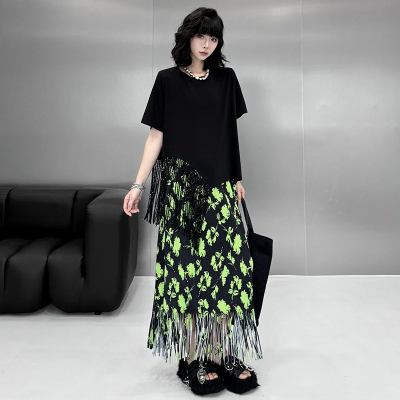 Tannt femmes t-shirt asymétrie gland Patchwork longue t-shirt hauts irrégulier noir décontracté mode ample longue femmes t-shirt 2025 nouveau