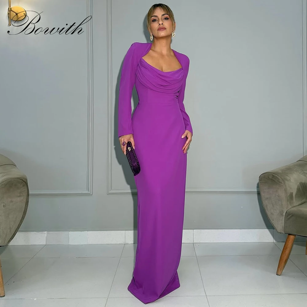 

Bowith Purple Simple Evening Dresses Customized Floor-Length Long Sleeves Party Dresses Backless Prom Gown