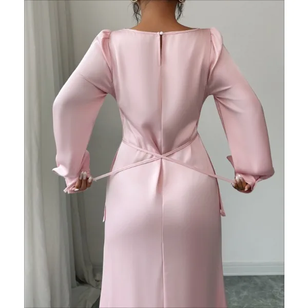 Abito da donna rosa 2025 Primavera Autunno Moda semplice Girocollo Manica lunga Cravatta in vita Abiti finti in due pezzi Gonna da donna da ufficio