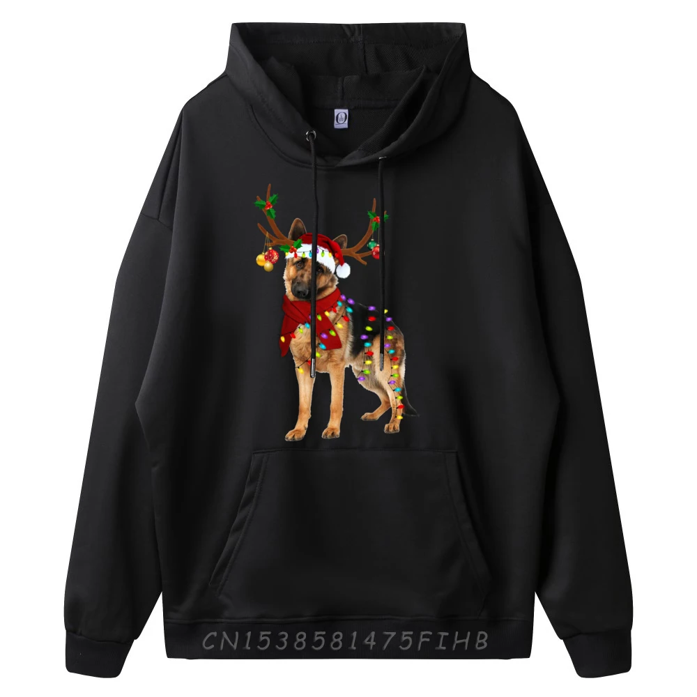 Santa German Shepherd Reindeer Light Christmas Green And White Graphic Hoodie Luxury Clothes Men Family