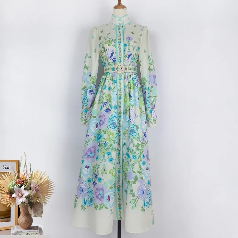 Real Shot Spot Fashionable Elegant Spring and Autumn New Long-Sleeved Cotton and Linen Dress Single-Breasted Positioning Printed