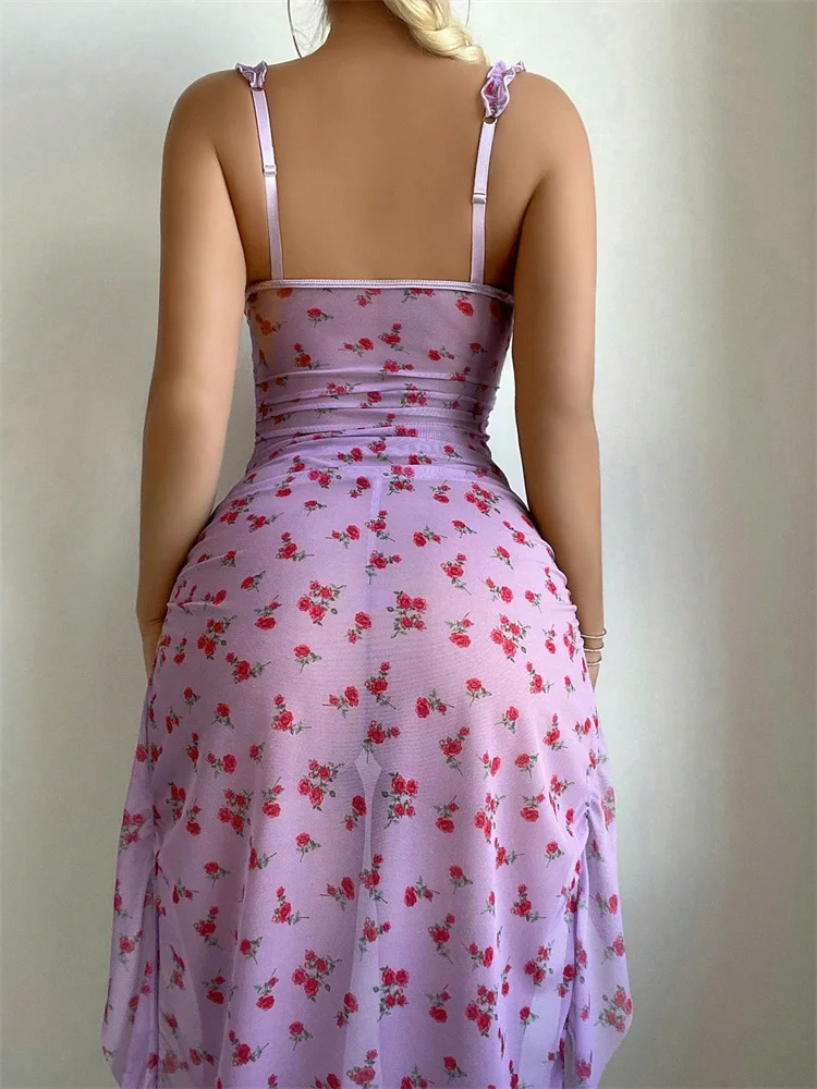 Damska bielizna nocna Spaghetti pasek piżama sukienka nadruk w róże seksowna koszula nocna romantyczne ubrania domowe seksowna dorosła kobieta sukienka wieczorowa