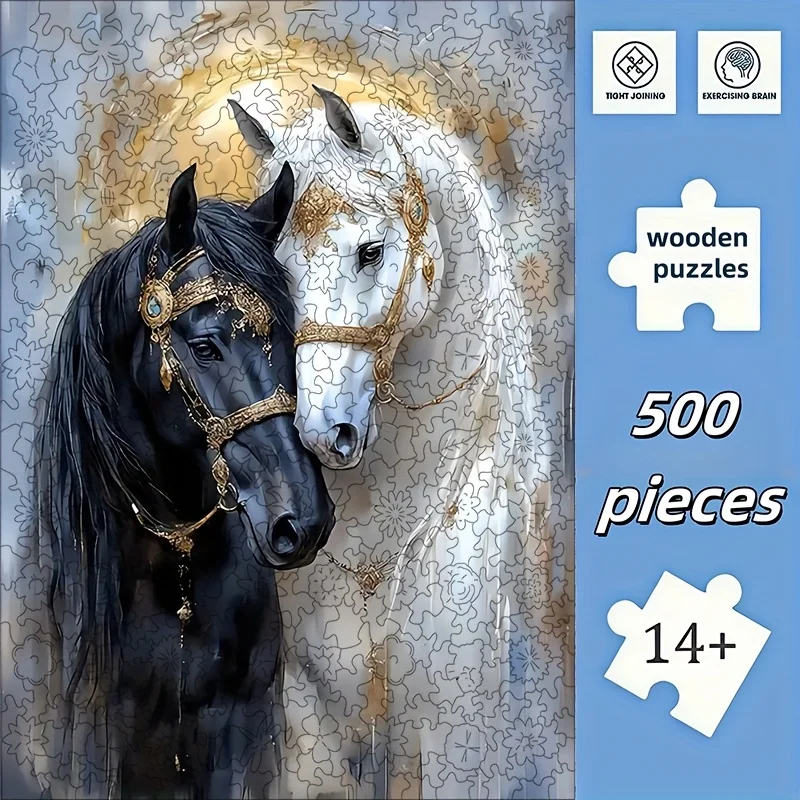 2D Flat, 1 Set, 500-teiliges Challenge-Puzzle aus Holz – wunderschönes schwarz-weißes Pferd, geeignet für Erwachsene und Jugendliche über 14