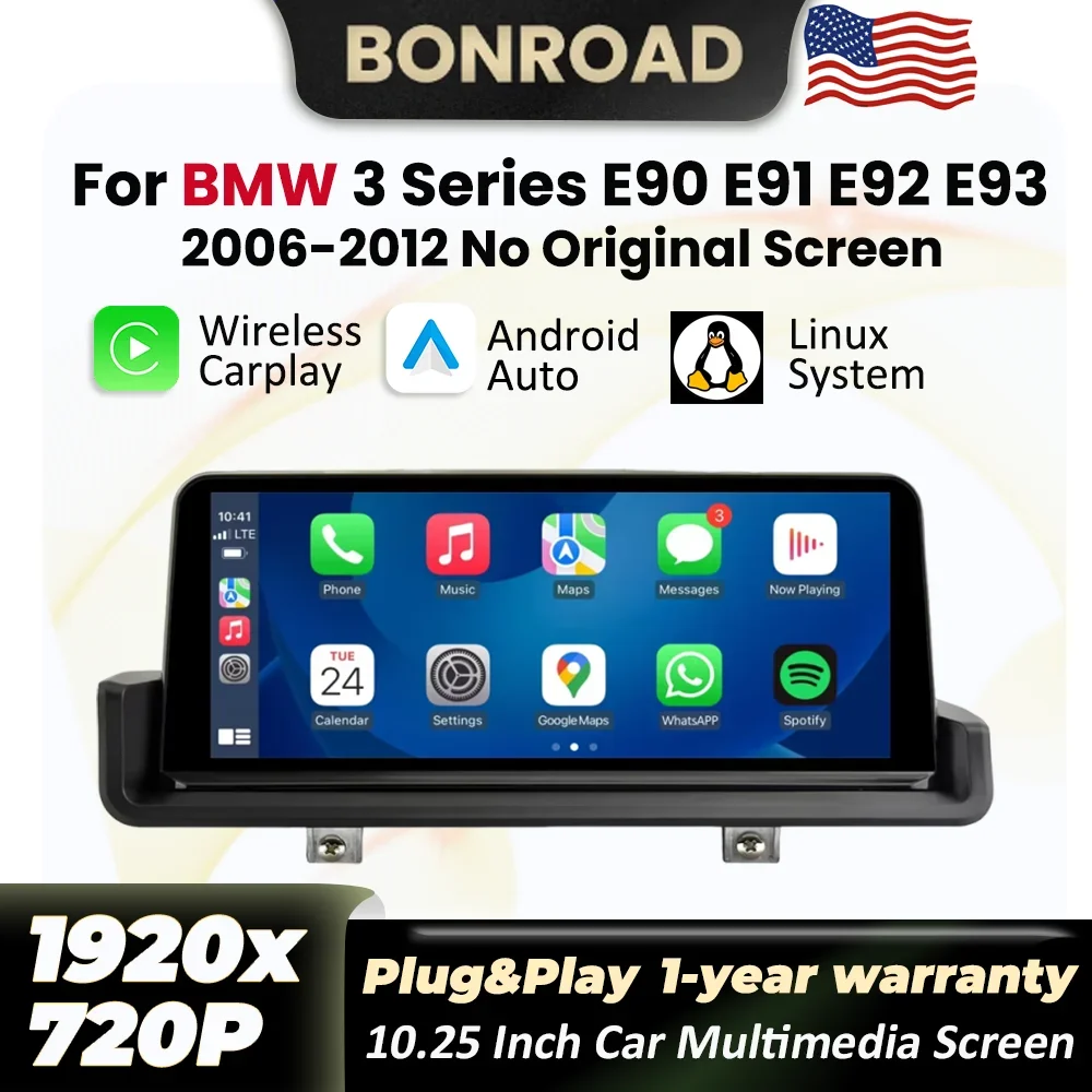 Bonroad 10.25 Inch Linux Wireless Carplay Android Auto Car Radio For BMW 3 Series E90 E91 E92 E93 2006-2012 With YouTube BT GPS Navigation Multimedia