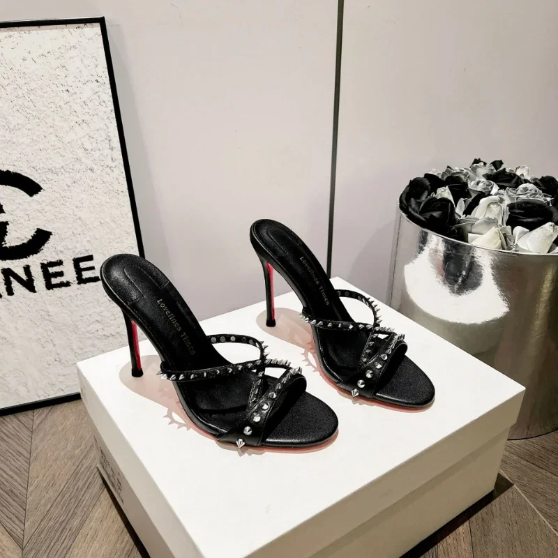 Fairy style rivet cross thin strap open toe sandals for summer 2024, new slim heel round toe style high heels