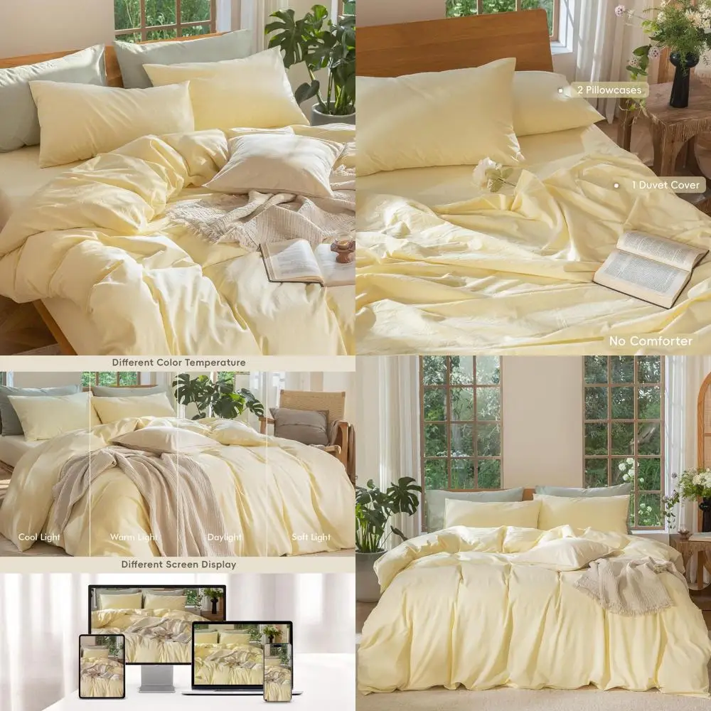 

Bedding Duvet Cover Set 100% Washed Cotton Linen Like Textured Breathable Durable Soft Comfy (Heathered Butter Yellow, Queen 90"