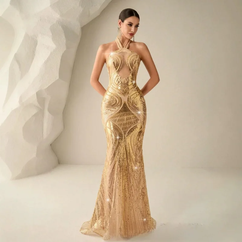 

New Arrival Women's Dress Fashionable Halter Neck Mesh Sequin Backless Sexy Bodycon Mermaid Gown