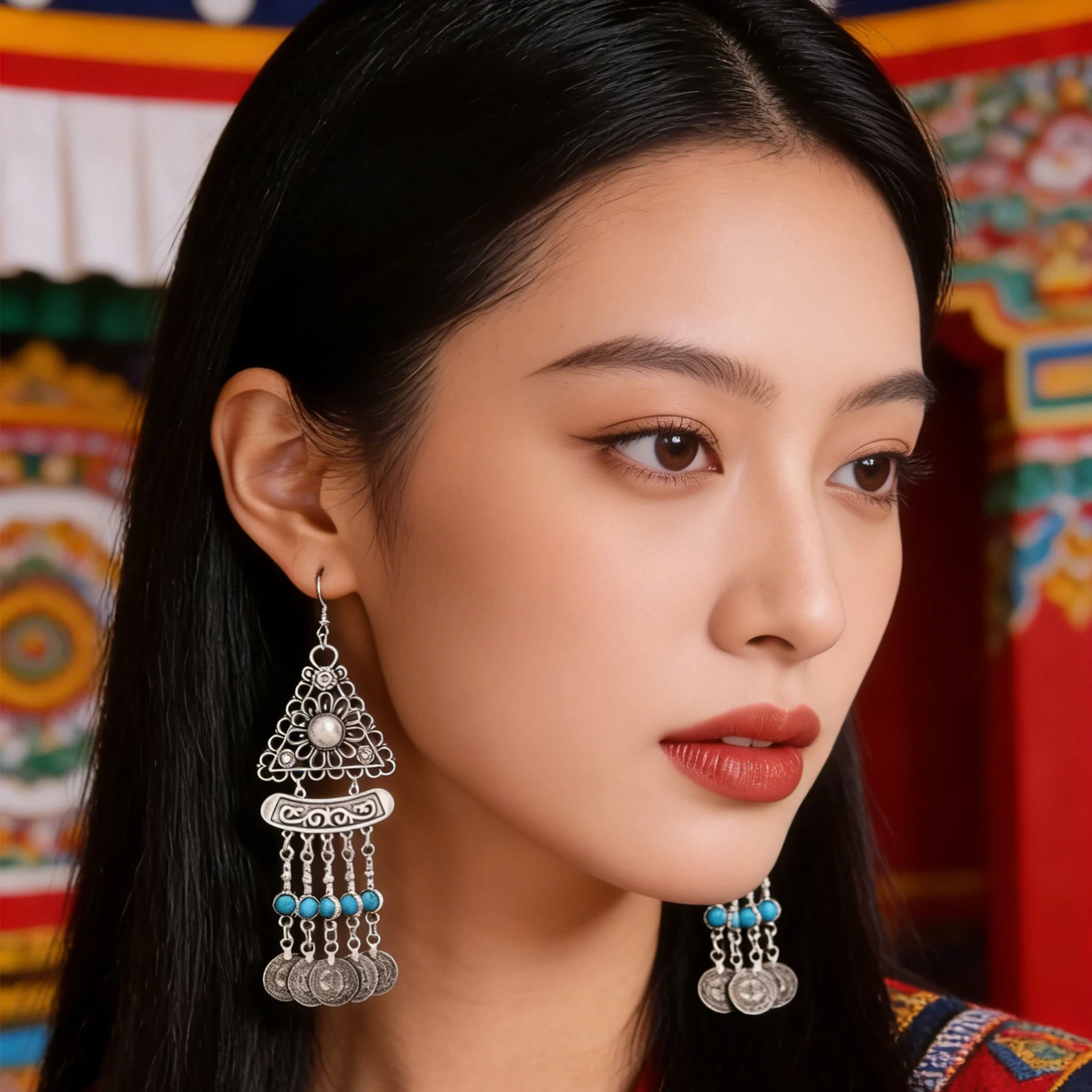 Vintage Ethnic Turquoise Coins Tassel Earrings For Female Antique Silver Geometric Carved Jewelry Turkey Kurdish Accessory Gift