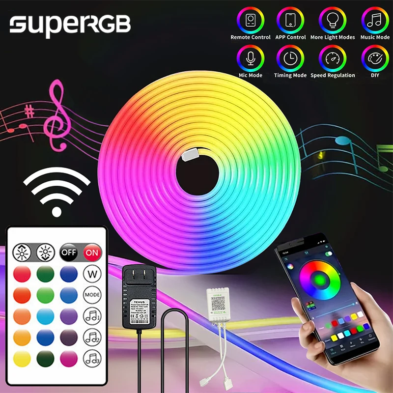 Neon LED Strip Lights para decoração do quarto, RGB, regulável, cor dos sonhos, música, fita, atmosfera ao ar livre, iluminação, 15m