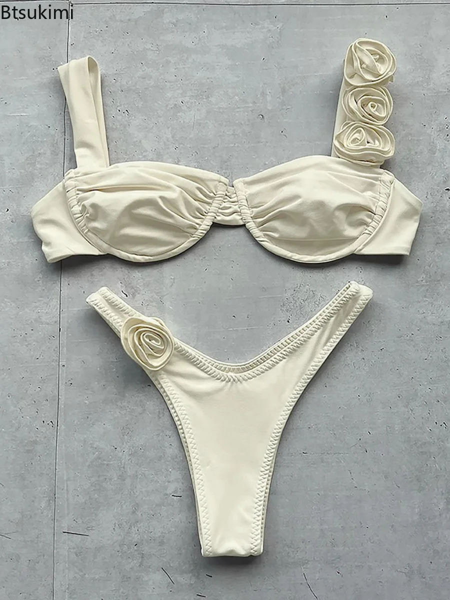 Estate di Colore Solido 3D Fiore Pieghettato Bikini A Fascia Set 2025 Costumi Da Bagno Sexy Delle Donne Costume Da Bagno Brasiliano Biquini Push Up Costume Da Bagno