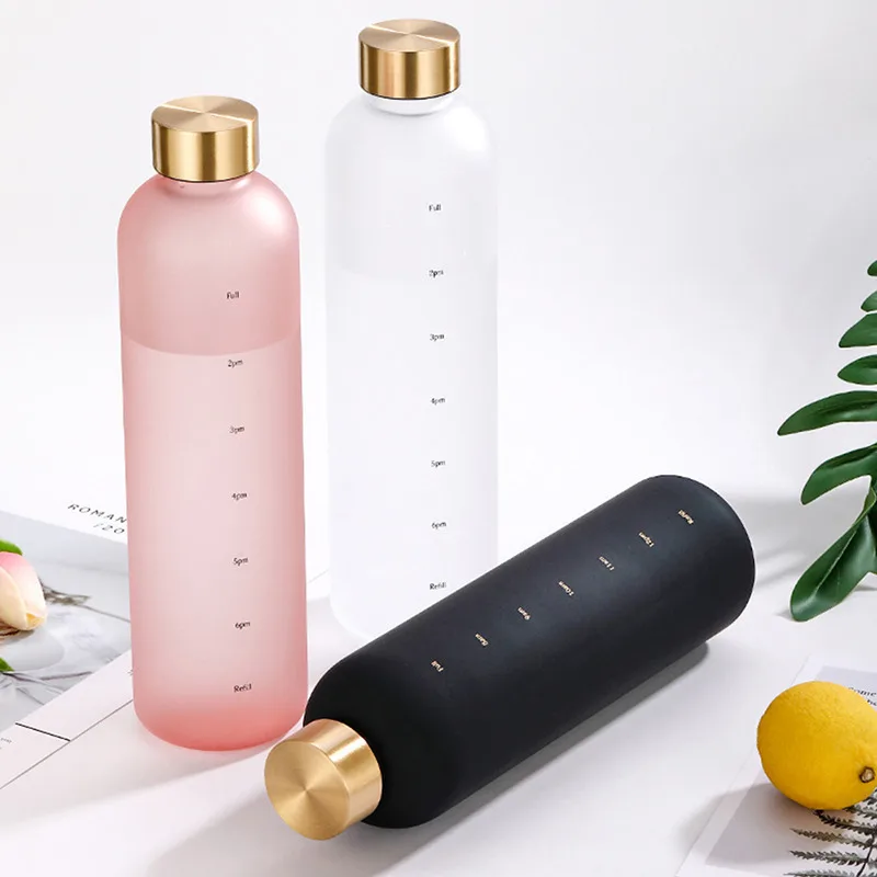 1L Bottle With Time Marker 32 OZ Motivational Reusable Fitness Sports Travel Leakproof BPA Free Frosted Plastic Coffee