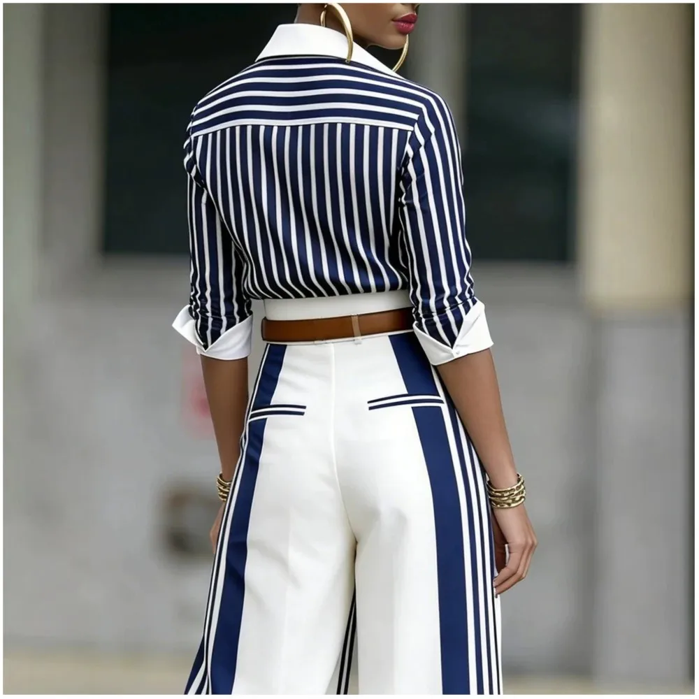 3PCS/SET Fashion Printed Striped Long Sleeve Shirt Women Suit Wide Leg Pocket Pants Female Office Including Belt
