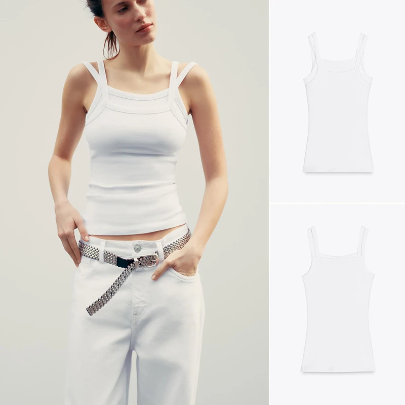 Printemps été nouveau femmes Simple polyvalent coton mélange sangle Double couche ronde Ne oulder t-shirt haut décontracté Sle tricot...