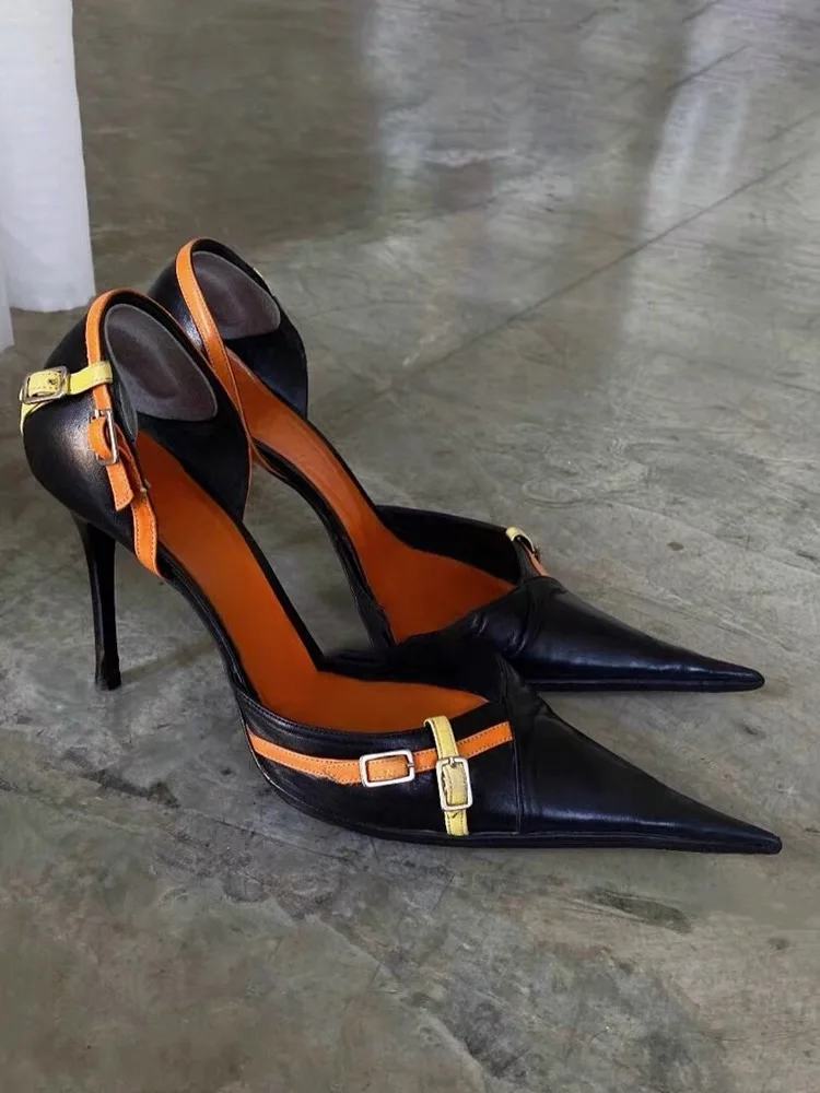 Pointy Toe Colorful Straps Sandals Cross Belt Stiletto Heels Fashion Women Sexy Party Dress Pumps Slip On Sewing Leather Shoes