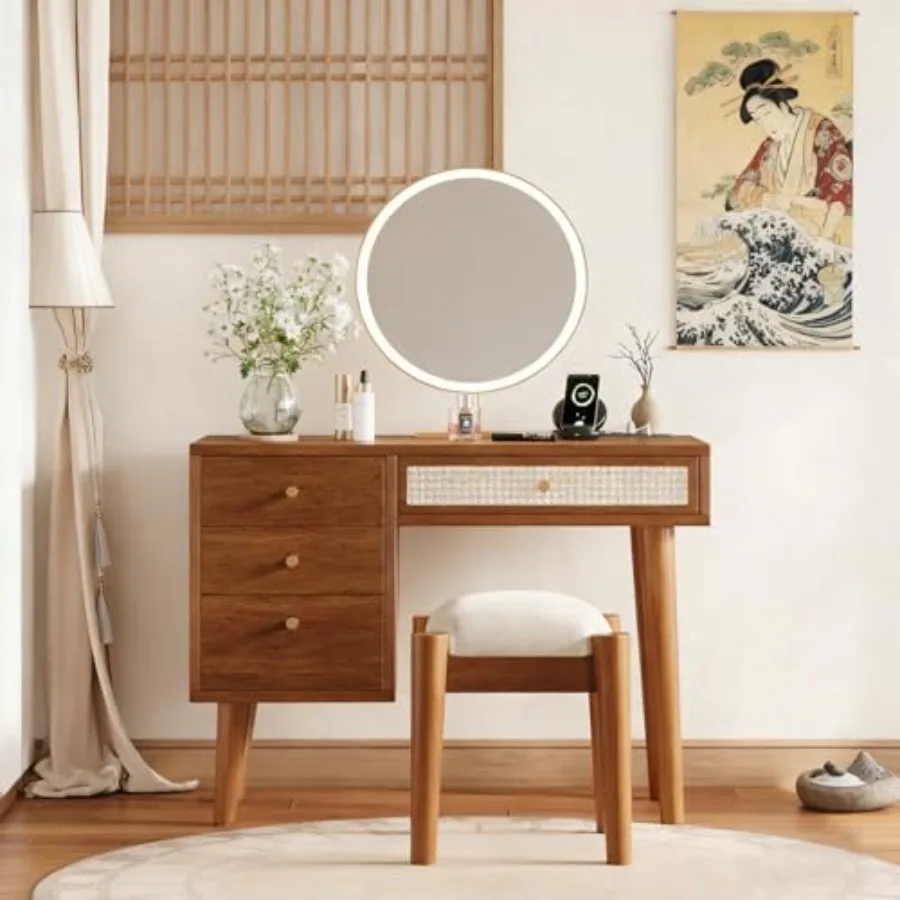 

39" Rattan Vanity Desk with Charging Station, Farmhouse Makeup Vanity Table with 4 Drawers, Modern Dressing Table Set with Stoo