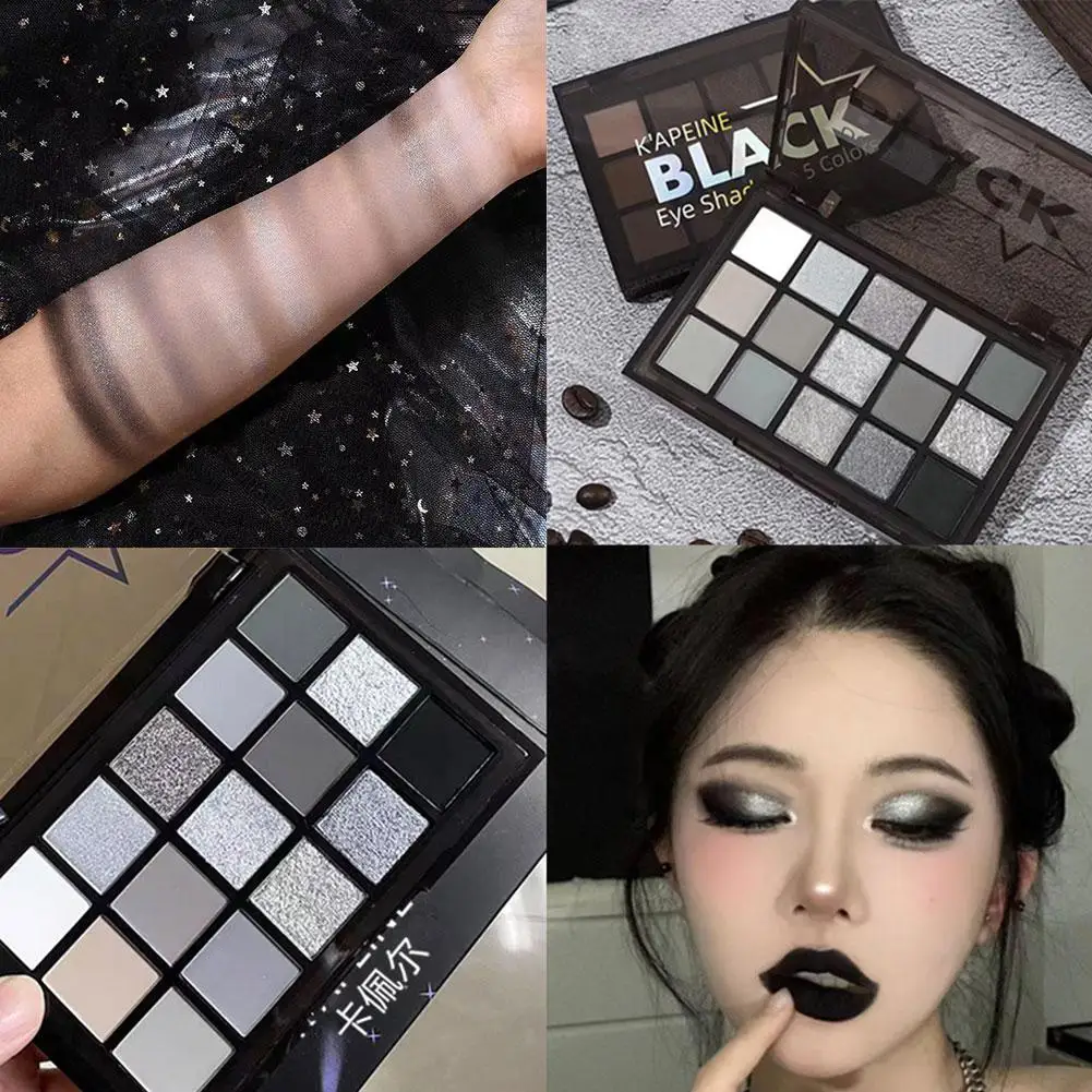K'apeine 15 Colors Smokey Black Eyeshadow Palette Smoky Dark Black Grey Silver Glitter Matte Finish Long-Lasting Easy to Color