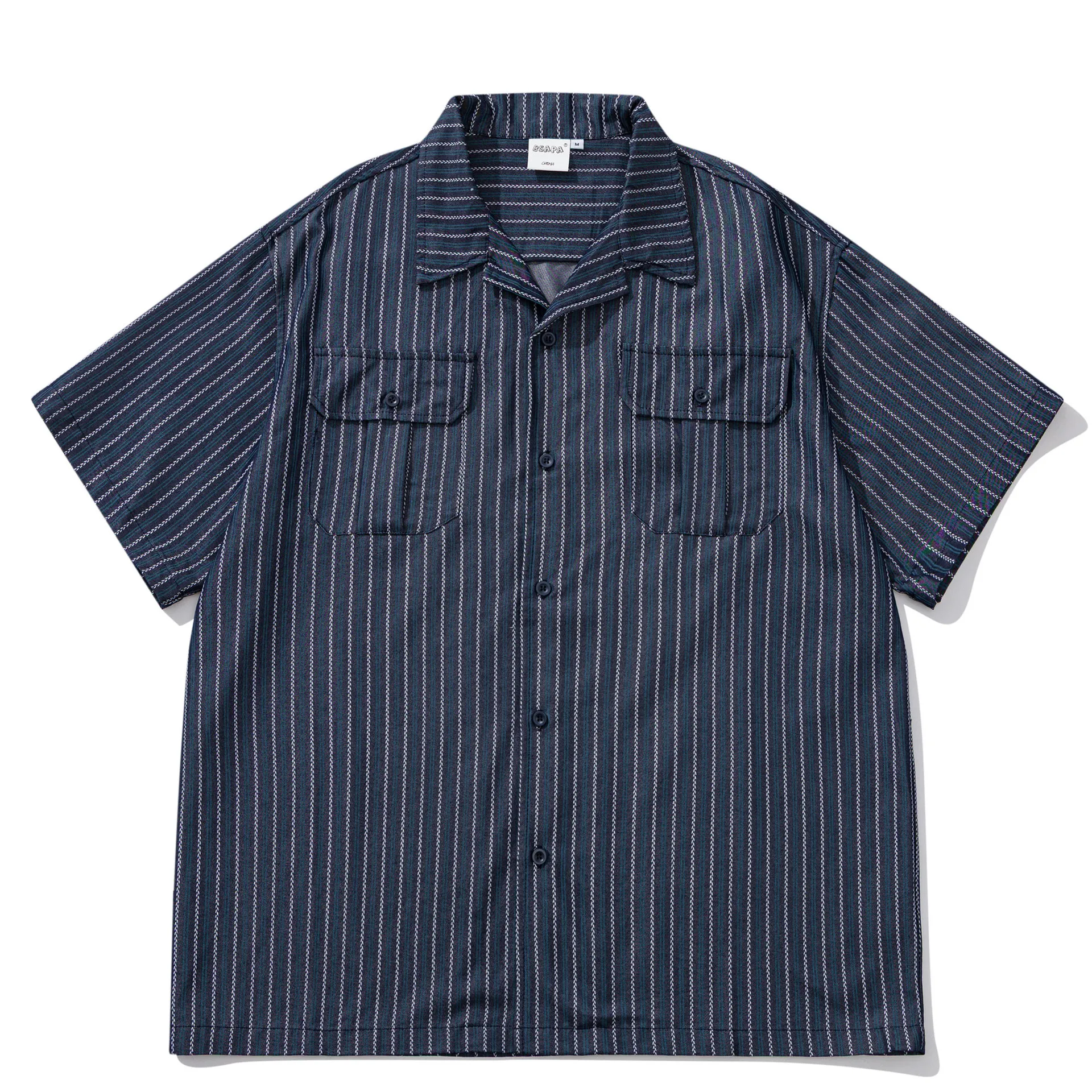 

Summer Japanese Retro Amekhaki Striped Workwear Short Sleeved Shirt Men and Women Loose Five Quarter Sleeve Cuban Collar Shirt