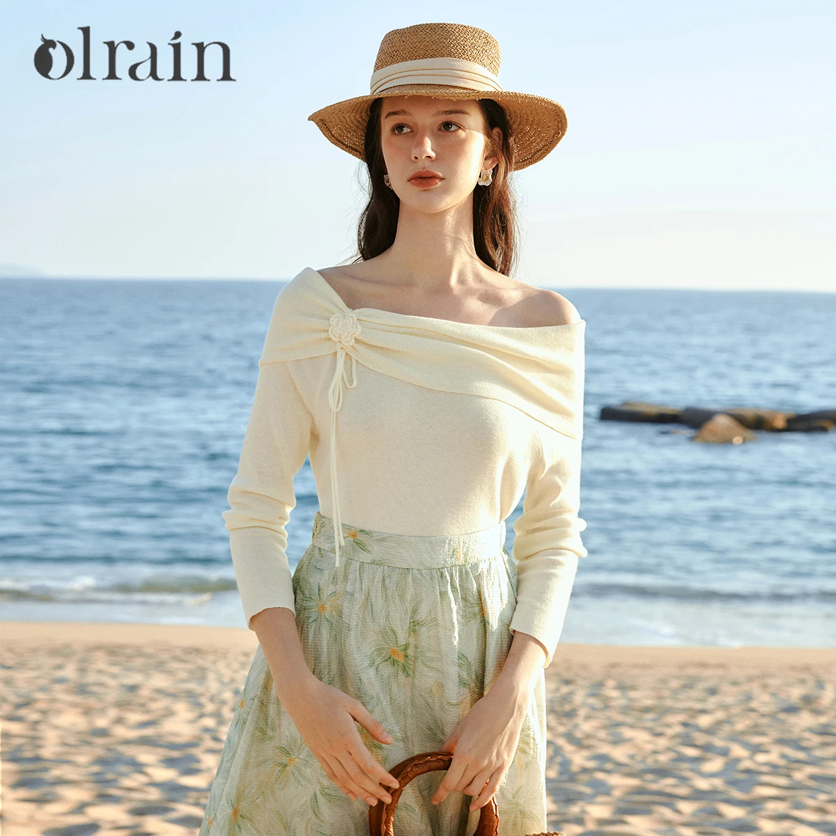 

OLrain Slash Neck Knitted Sweater French Three-dimensional Hand Crochet Long Sleeve Top 2026 Spring Sexy Clothes O58CZ003521