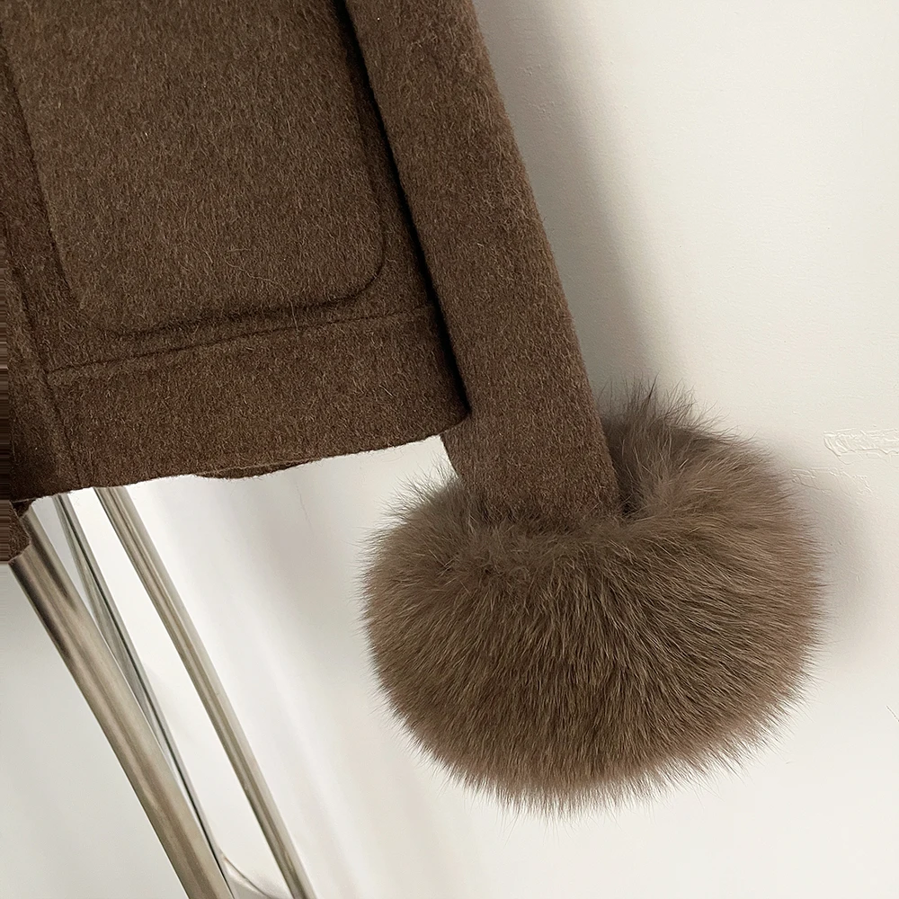 OFTBUY Elegante Warme Oberbekleidung Damen Luxus Doppelseitiger Wollmantel Winter Offene Fronttasche Echte Fuchspelz-Manschetten Wollmantel – Detail 15