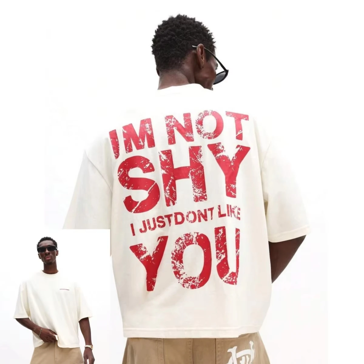 2026 New Oversized T‑Shirt Men I'm Not Shy Letter Graphic Back Print Short Sleeve Cotton Blend Unisex Streetwear Casual Tops