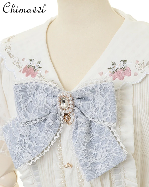 Japanische Liz Mine Erdbeere bestickt Seemann Kragen Hemd Sommer neue Mädchen Lolita süße süße Bowknot Bluse Frauen Tops