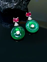 Retro New Chinese Green Jade Marrow Safe Buckle Earrings 925 Pure Silver Inlaid Versatile, Unique, Elegant and High End