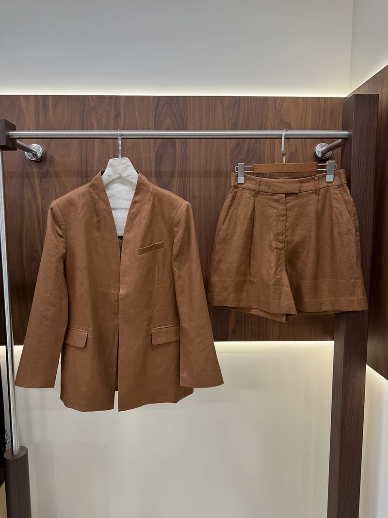 V-Neck Open Front Linen Blazer & High Waist Shorts Two-Piece Suit for Women