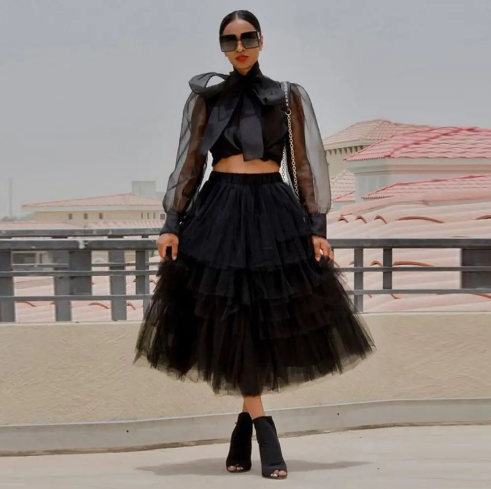 

Ever Pretty Gown Fashion Black Tiered Tulle Skirts Women Fluffy Tutu Tulle Maxi Skirt Elastic Waistband Mid Calf Tulle Skirt