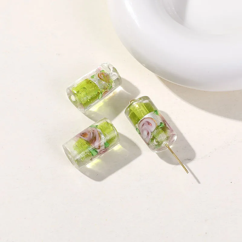 5pcs New 16X9mm Cylindrical Glaze  Beads Hand-Painted Flower Pattern Lampwork Glass beads for Making DIY Bracelet Earrings Jewel
