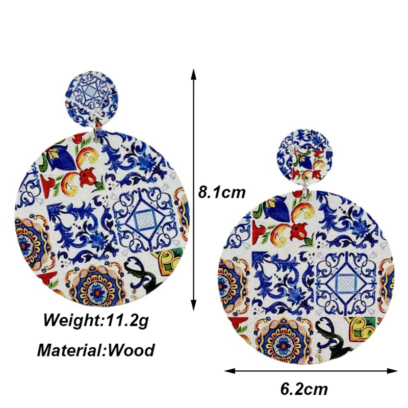 Bohemian Ethnic Church Ceramic Pattern Statement Earrings Vintage Wooden Big Round Water Drop Earrings For Women Jewelry Gift