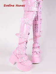 Pink Platform Over The Knee Boots Women's Luxury Brand Leather Round Toe Chunky Heel Fashion Plus Size Sexy Elastic Shoes